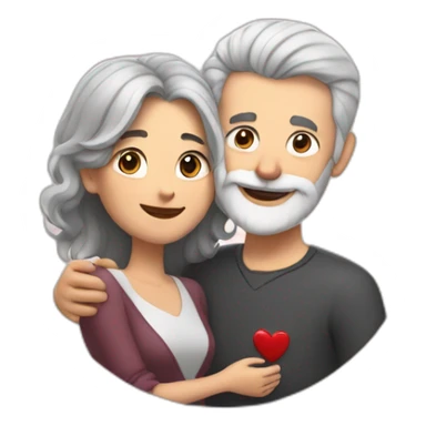 Man with gray hair and white beard hugs woman with dark brown hair with floating hearts sticker