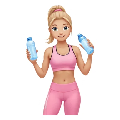 Fit wellness girl – sun-kissed skin, high ponytail, bright blueish eyes, baby pink sports-bra + leggings, holding water bottle, calm confident smile sticker