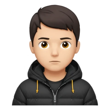 Style anchor + Young adult male American, medium skin, short dark hair, black puffer jacket over hoodie, neutral focused. sticker