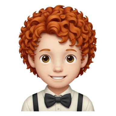 redhead kid with unique face features and very curly hair kid boy happy and braces on teeth, wearing a bow on head on hair just one bow sticker