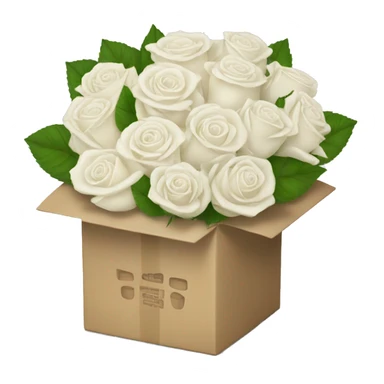 White rose bouquet with a box holding the bouquet together sticker