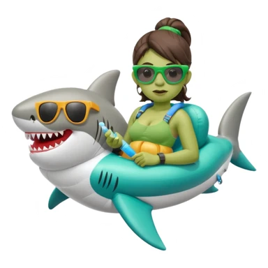 orc female sitting in an inflatable floatie shaped like a shark, wearing oversized sunglasses and a whistle on a neck cord sticker