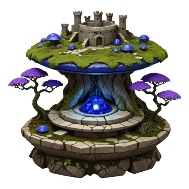  Ancient alien saucer-castle jungle winding trail mountainside getaway haunted nighttime landscape antique mudman very old broken cracked intricately detailed Stone Age lapis-crusted irregular dodecagon-shaped shallow dark moss rough bark violet flowered maple bonsai Saikei coffee table-sized pot  sticker