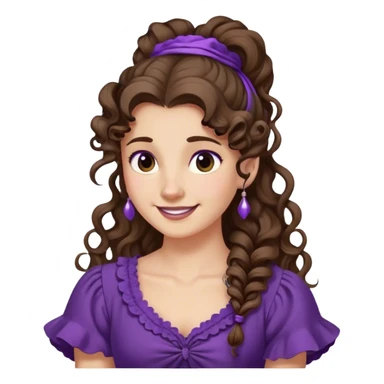 Femme aux cheveux longs et bruns, attachés en une queue-de-cheval haute et bouclée. Une mèche retombe sur son front. Elle porte une robe violette de style antique et a un sourire espiègle. sticker