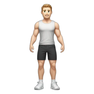 Full height Actively gesturing with hands Pale skinned Fit Man With the biceps and brown hair in dark gray Sleeveless Mike, black oversize sports shorts and white Sneakers sticker