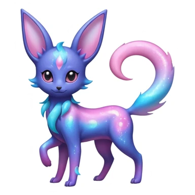 Shiny Iridescent Nebulae Espeon-Umbreon-Sylveon-Fakémon-hybrid-creature (full body)  with a galaxy-dust-flowing-gradient-tail sticker