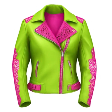 Realistic isolated side view of an open lime green fashion leather jacket with hot pink lace trim on it. sticker