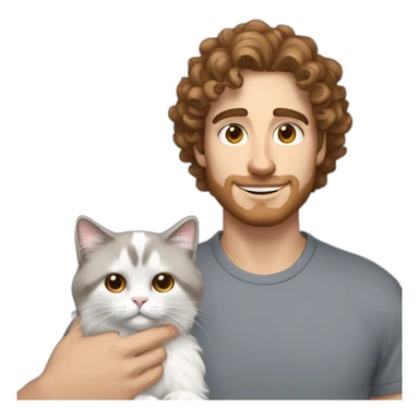 White man with brown curly hair, brown eyes, thick eyebrows, sharp jawline, bigger nose holding white and grey Ragdoll cat sticker