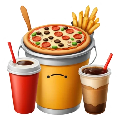 ganarate a emogi a bucket of food with pizza buerger coffee add fries cold coffe to sticker