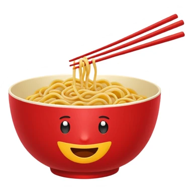 Chinese cuisine humanless avatar in bright emoji-style illustration. Noodles bowl, red and gold colors, simple shapes, flat design, bold and energetic. sticker