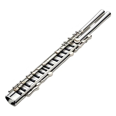 Cinematic Realistic Flute, polished silver metal with precise keywork, soft reflections of warm light dancing along its length, a musician’s delicate fingers pressing the keys, glowing with a sleek and elegant charm. sticker