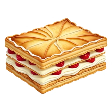 mille-feuille-cinematic-realistic-mille-feuille-dessert-emoji,-depicted-as-a-rectangular delicate-pastry-composed-of-two-crisp-layers-of-puff-pastry-with-a-rich-cream-filling,-rendered-with-intricate-textures-and-elegant,-soft-lighting. Please only show two layers only. sticker