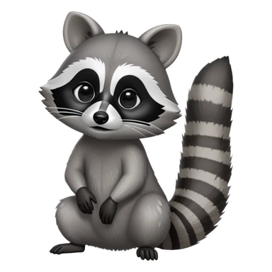 Cinematic-Raccoon-Realistic-hunched Full-Body on all fours-Emoji – Tail flicking lazily, head tilted dramatically, thick grey fur with a signature black mask, sharp and alert ears, simplified yet realistic focused features, highly detailed, glowing with an almost sarcastic glow. big black eyes sticker