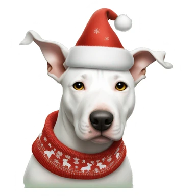 white American Bull Terrier, with spots on the eyes and forehead, in Christmas clothes, a hat sticker