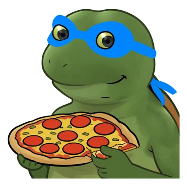ninja turtle wearing blue eye mask with pizza sticker