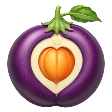 Eggplant with white liquid coming out the top being inserted into a peach sticker