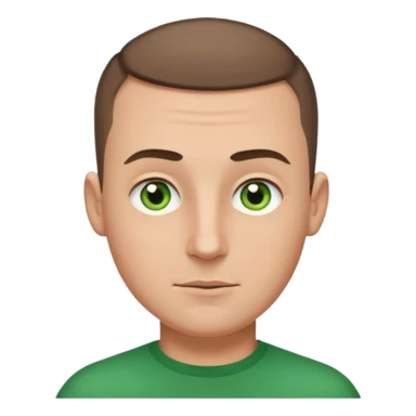 white man, 30s, round face, wide nose, thick eyebrows, clean shaven, buzz cut brown hair, green eyes, emoji style sticker