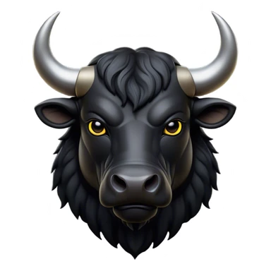 Cinematic Noble Black Bull Portrait Emoji, Poised and regal, with a massive, muscular build and a sleek, well-groomed pure black hide, deep-set soulful dark eyes, Simplified yet sharp and sophisticated features, highly detailed, glowing with a soft, dignified glow, high shine, intelligent and formidable, stylized with an air of strength, focused and attentive, soft glowing outline, capturing the essence of a watchful and confident guardian, so majestic it feels as though it could charge out of the screen with effortless authority! sticker