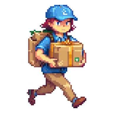 running courier holding a package in a city street, fastest delivery sticker