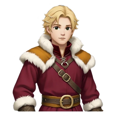Medieval winter outfit worn by a DnD themed fantasy male character. Thick crimson wool tunic with white fox fur trim, featuring carved ivory toggles and a wide leather belt with bronze buckle. Clothes only above the waist, full waist coverage. The character has no arms. Character is white-skinned with honey gold hair, storm-cloud gray eyes, and medium-length tousled hair with icy highlights. sticker