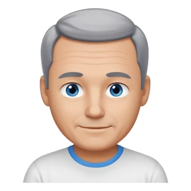 Middle aged man with tanned skin, little black to grey hair, receding hairline and no beard, blue eyes, shy smile sticker