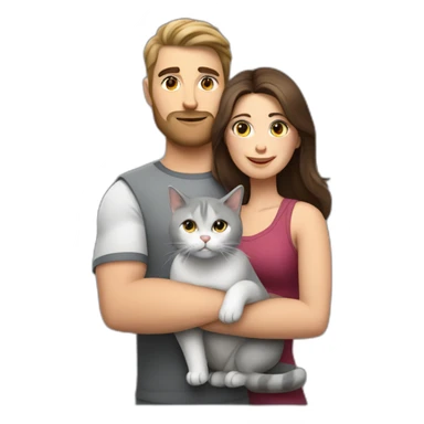 white brun man and brunette woman with a fat gray cat in their arms sticker