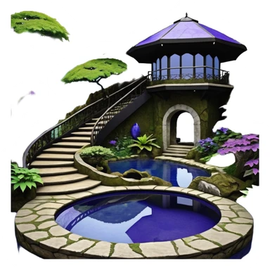 Alien saucer poolhouse jungle-vines winding narrow stairway fountain koi pond mountainside -island getaway nighttime landscape antique mudman very old broken cracked intricate Stone Age lapis-crusted irregular dodecagon-shaped shallow dark moss rough bark violet serissa flowered maple tree bonsai sticker