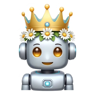 "Create a soft pastel emoji of a cute robot with a gentle smile, wearing a crown of daisies (or cherry blossoms) on its head. Add soft, glowing eyes and a warm, friendly vibe." 🌸✨ sticker