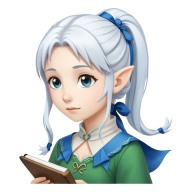 Anime style. A young elf girl with white hair worn in a ponytail held by an azure ribbon. She is taking notes. sticker