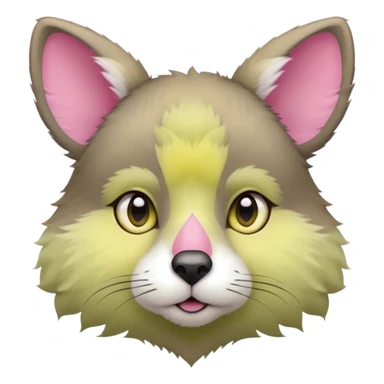 Round head with fluffy fur. Large greenish-yellow eyes with a dark outline. White muzzle and cheeks, pink nose. Gray and light brown fur on the forehead, blending into the ears. Triangular ears with pink inside. sticker