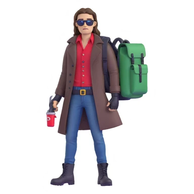 Man with long brown hair, brown goatie, sunglasses, wearing red button up shirt with a sling horizontally across the torso, wearing a black trenchcoat, blue jeans, long black military boots, red fingerless gloves, green backpack sticker