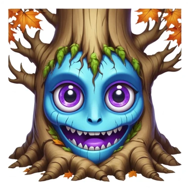 An ancient, psychic tree evolves by absorbing the essence of fallen autumn spirits, sprouting a radiant, maple-crowned face that channels both forest wisdom and fiery seasonal magic through its gnarled. Purple eyes, blue eyes sharp teeth, bark wood skin, heterochromatic eyes sticker
