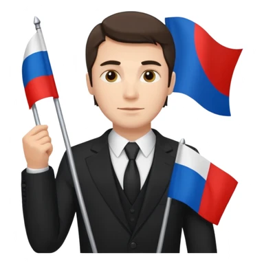Russian man in a suit with a flag sticker