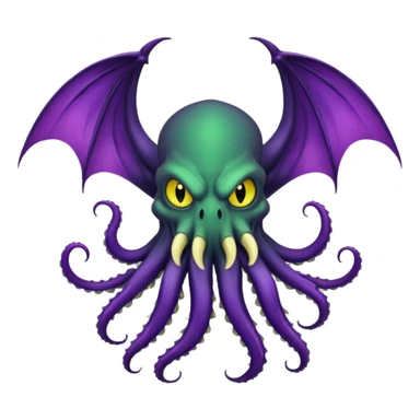 deep green Cthulhu with purple bat wings and purple gradient tentacles. Yellow angry eyes. yellow suckers on tentacles. dramatic ominous shading. two saber-teeth sticker