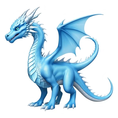 Cinematic Noble wise elegant Ice Dragon full body  Emoji, Poised and imposing, distinct long elegant snout, with a slender, scaled body shimmering in glacial hues of icy blue, frostbitten silver, and crystalline white, breathing out frost, with piercing, glowing ice blue white eyes that radiate the chilling depths of an arctic storm; rendered in detail. excuding wisdom sticker