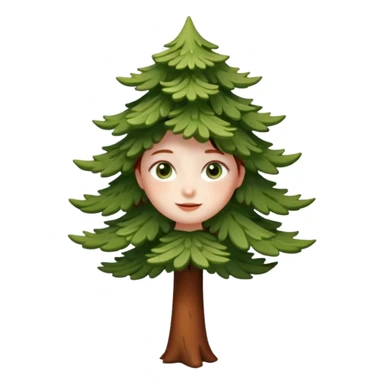 Un petit sapin vert sylvestre, féminin, regard malicieux, tâches de rousseurs délicates, joues roses. Yeux de biche brillants en forme amande, yeux couleur ambre, tronc couleur acajou. Sapin en mouvement, incurvé pour un effet vivant. Style meoji. sticker