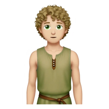 medieval summer outfit worn by a DnD themed fantasy male character. thin, sleeveless wool tunic with a small keyhole opening at the neckline, tied shut with a leather string. clothes only above the waist. The clothes full waist. The character's haven't arms. character is white-skinned, dark blonde hair, green eyes, short curly hair. sticker