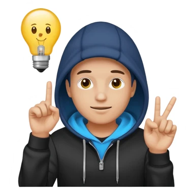 person in a hoodie, startup founder vibe, light bulb above head, finger up, emoji style sticker