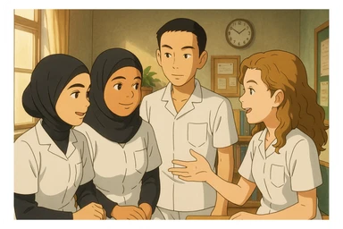 Ghibli style interior scene with four nursing students interacting. They wear white short-sleeve uniforms with V-neck medical tunics and a left chest pocket, no stethoscopes or clothes under the tunic. Collaborative atmosphere with a different composition. sticker