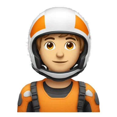 Un jeune homme avec un air énervéau teint humain portant un casque de moto de couleur orange et blanc avec la vitre ouverte sticker