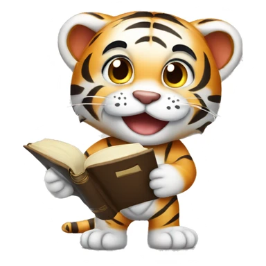 a cute tiger holding a book smiling and looking ready to study sticker