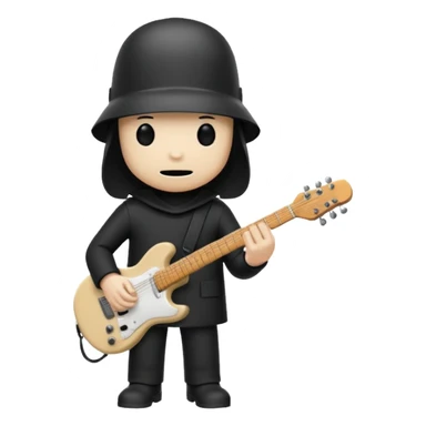 Minimalist chibi emoji of Buckethead: tiny body, oversized bucket helmet, simple black clothes, holding a guitar, spooky-cool but adorable sticker