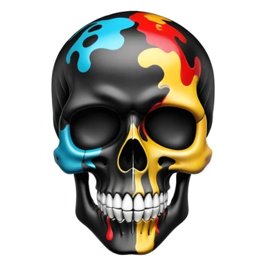 ultra premium smooth black skull with precise designer brand logo patterns, vibrant color splashes contained within skull shape, clean professional airbrush effect, front view sticker