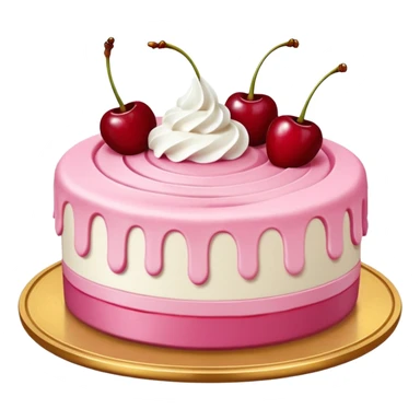Round pink frosted cake with textured buttercream sides, placed on a gold cake board.
White whipped cream swirls on top, each topped with glossy red cherries with stems, clean studio lighting, isolated background, realistic minimal smooth emoji-style. sticker