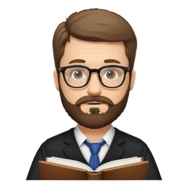 bearded man with glasses studying sticker