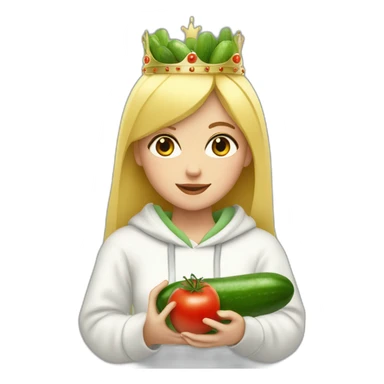 blonde girl  eating  cucumber and tomatoes with white hoodie iridescent and a crown princess sticker