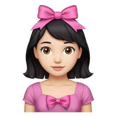 Beautiful girl with short black hair in a half-up half-down hairstyle with pink ribbon tying the top half, waves at the ends, brown eyes, light skin, slight smile, and pink dress sticker