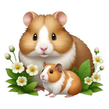 Icon for Hamster and Guinea Pig: A portrait-style collage with a fluffy hamster with soft fur, looking curious, and a friendly guinea pig with long, smooth fur, both on a soft green background with flowers and soft light. Transparent background. sticker