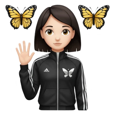 A girl with  medium length, dark hair, fair skin. The style is a butterfly  cut and wore black Adidas track jacket with white stripes on the sleeves. It has a full zipper down the front, a stand-up collar, and the Adidas logo on the right chest emoji sticker