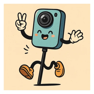 Remove any text or name from the design, keep the fun and whimsical cartoon Insta360 camera on a stick character with arms and legs as the main subject, preserving its fun and whimsical cartoon style. sticker